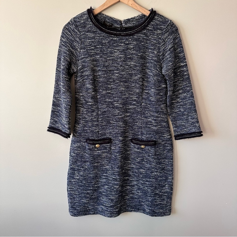Talbots Tweed Shift Dress Womens 4 Petite Gold Buttons Front Pockets Scoop Neck